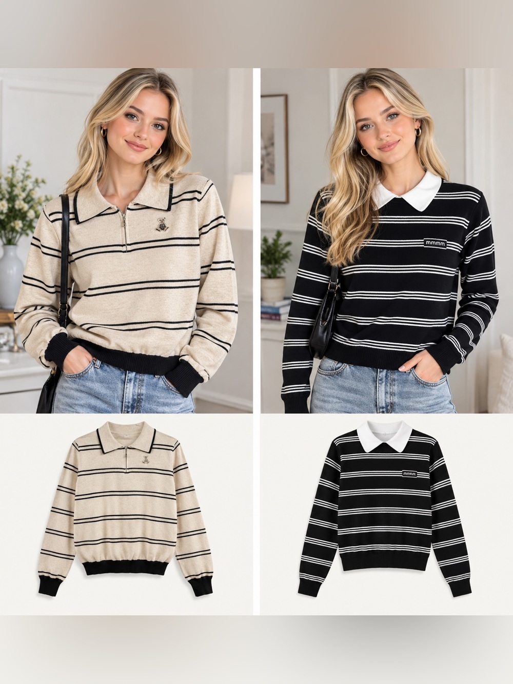 Striped Collar Knit Sweater - Black & Cream